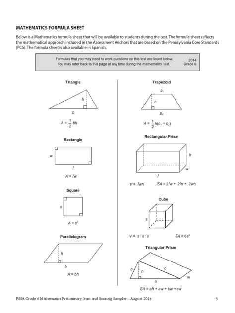 Pssa 6th Grade Formula Rectangle Geometry