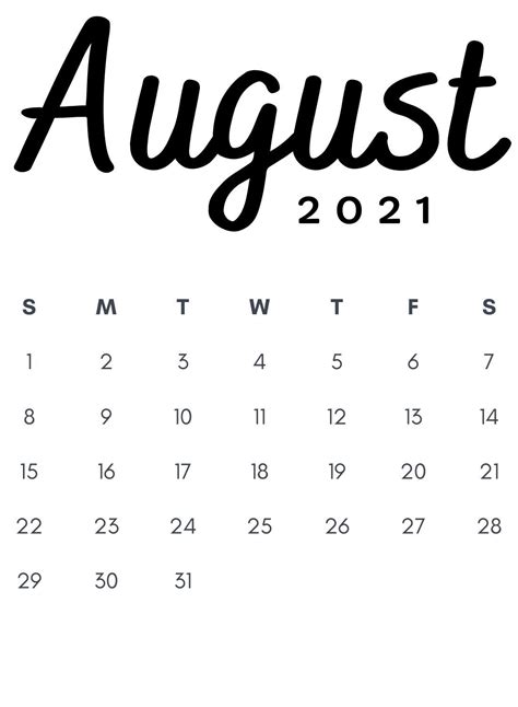 August 2021 Minimalist Calendar Printable Minimalist Calendar