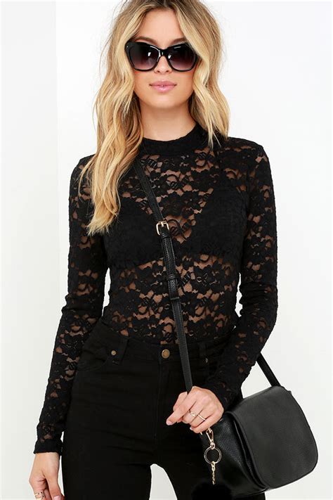 sexy black bodysuit sheer lace bodysuit long sleeve bodysuit 37 00 lulus