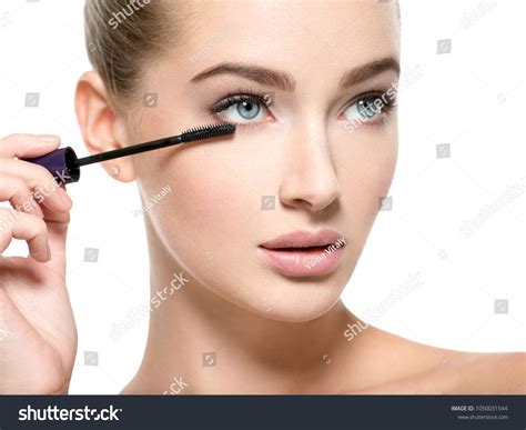 Girl Makes Makeup Beautiful Woman Apply Mascara On Eyelashes With