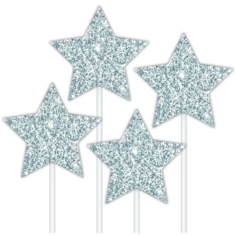 Artwrap Star Glitter Cake Toppers 4 Pack Silver Big W