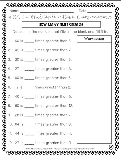 Multiplicative Comparison Worksheets 4th Grade Free Printable
