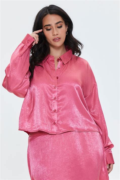 Plus Size Satin Button Front Shirt