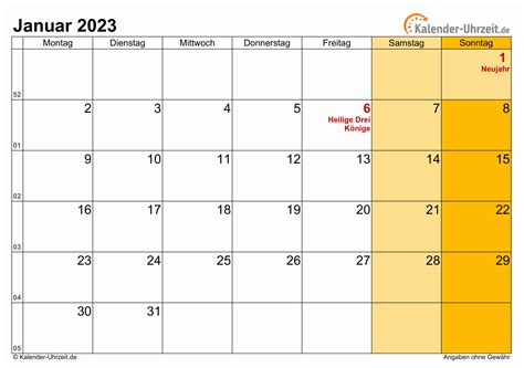 Januar 2023 Kalender Mit Feiertagen