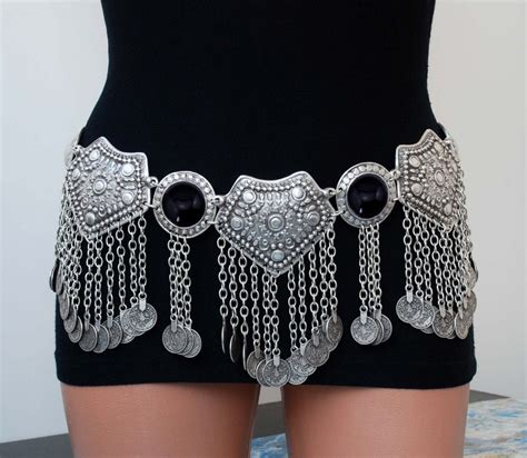 New Fashion Gypsy Silver Black Stone Sexy Boho Flower Turkish Bohemian Shimmy Belt Dance Body