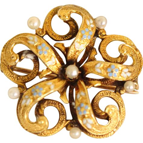 Very Lovely 14k Victorian Enamel And Seed Pearl Brooch From