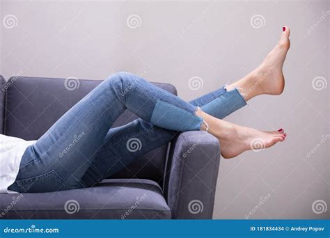 Woman Lying On Sofa Stock Photo Image Of Barefoot Lifestyle