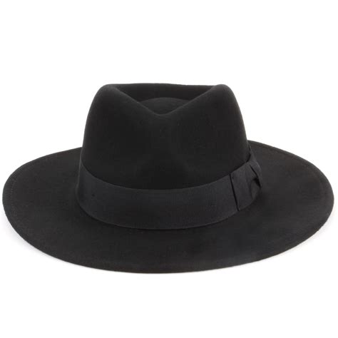 Wool Fedora Hat Hawkins Felt Cap Wide Brim Unisex Trilby Soft Black