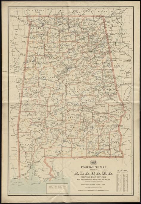 Post Route Map Of The State Of Alabama Showing Post Offices With The