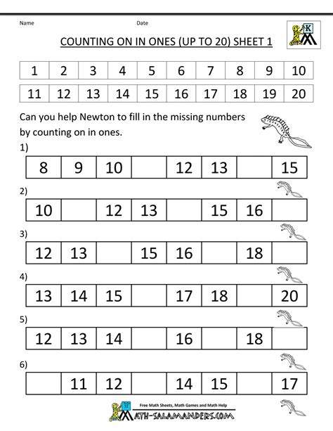 Kindergarten Math Printables Counting On In 1s To 20 1 Kindergarten