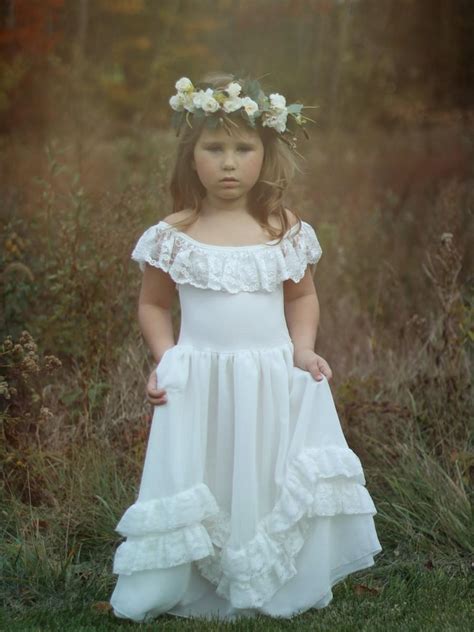 Rustic Lace Flower Girl Dress Long Ivory Lace Dress Lace Girls Frock Country Flower Girl