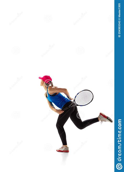 Portrait Of Sportive Woman Tennis Player Playing Tennis Isolated On