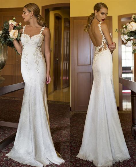 2015 Sexy Wedding Dresses Mermaid Ivory Spaghetti Strap Sweetheart Lace Appliques With Pearls