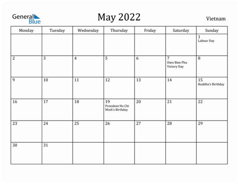 May 2022 Vietnam Monthly Calendar With Holidays