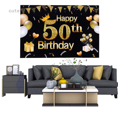 50th Birthday Black Gold Party Decoration Extra Large Fabric Black