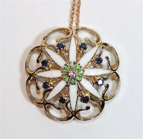 Faberge 14k Gold Enamel Diamond And Sapphire Brooch Pin Pendant