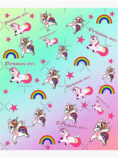 Rainbow Dabbing Unicorn Pattern Duvet And Sticker Poster By