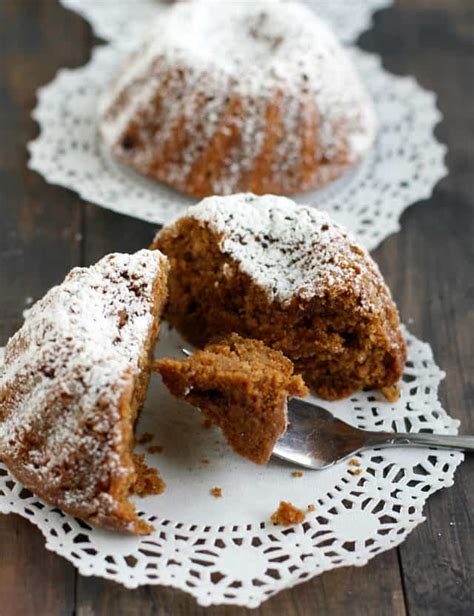Stuffed with #bananas, #pecans, and #pineapple these hummingbird mini bundt #cakes make for a wonderful #easter dessert, a church #potluck or mother's day #brunch. Vegan Gingerbread Mini Bundt Cakes. - The Pretty Bee