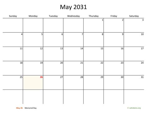 May 2031 Calendar With Bigger Boxes