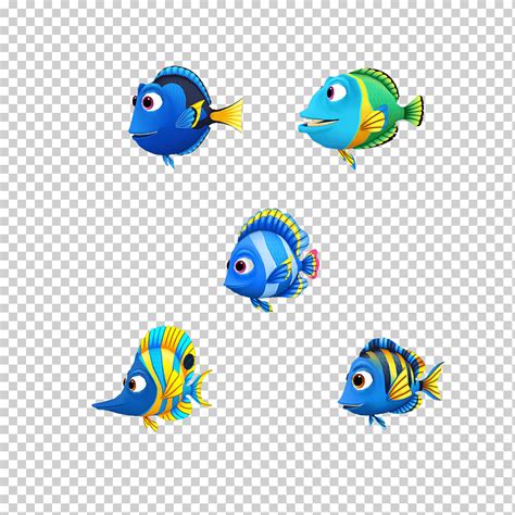 Ilustración de cinco peces animación de peces azules encontrando