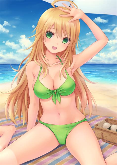 Safebooru Girl D Ahoge Arm Up Basket Beach Beach Umbrella Bikini