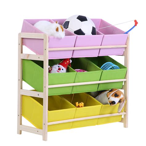 3 Tier Kids Toy Storage Organizer 9 Cloth Bins Wood Frame Toy Box
