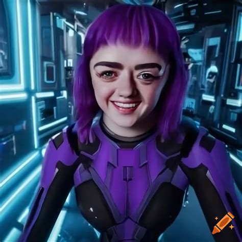 Smiling Maisie Williams In Sci Fi Outfit With Purple Hair