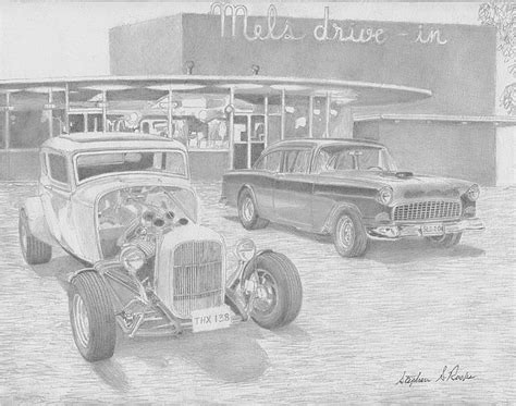 32 Ford And 55 Chevy In American Graffiti Classic Car Art Print Drawing