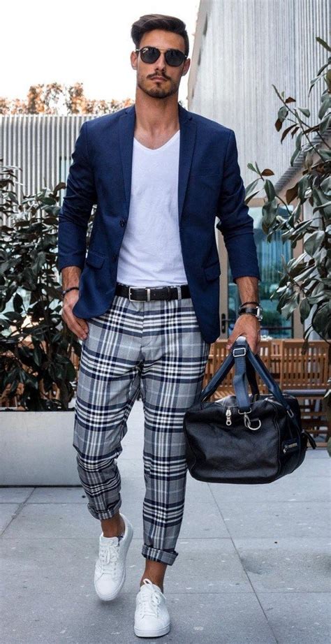 plaid trousers white tee blazer and sneakers best smart casual outfits stylish mens outfits