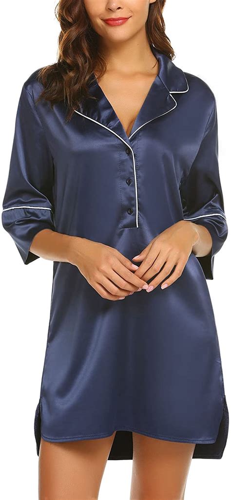 Ekouaer Womens Satin Sleep Shirt Long Sleeve Sleepwear Silk Nightshirt Button D Ebay