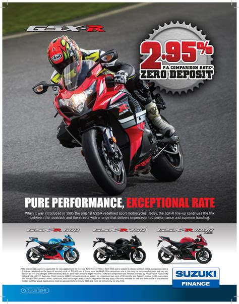 Bikerloans offer competitive bike finance deals for most motorbikes and scooters over 125cc min dealer purchases only, finance secured on the bike. Suzuki Finance offers | Suzuki Road Bikes | MCNews.com.au