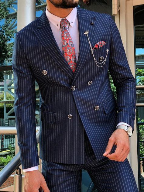 Calvin Navy Double Breasted Striped Suit In 2020 Blue Slim Fit Suit