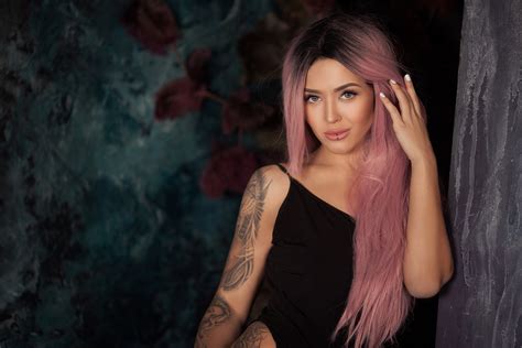 Women Tanned Pink Hair Dyed Hair Tattoo Lip Ring Portrait Long Hair