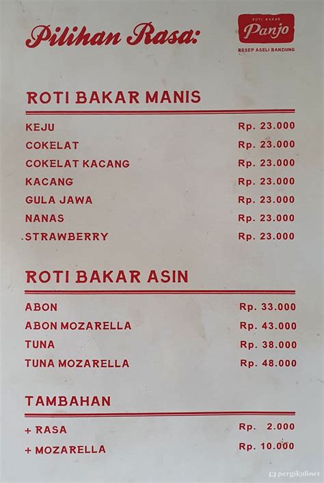 Check spelling or type a new query. Selalu diperbarui! Menu Roti Bakar Panjo, Dipatiukur, Bandung