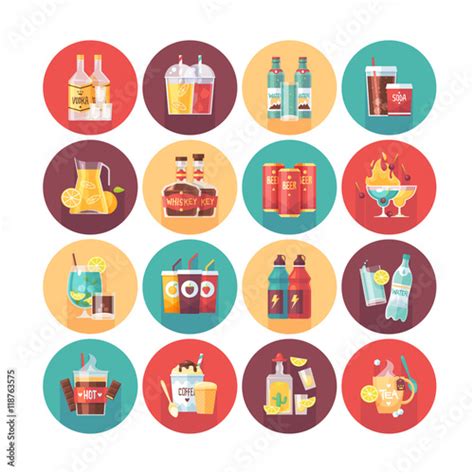 Drink And Beverage Icon Collection Flat Vector Circle Icons Set With