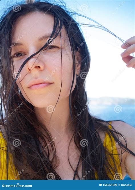 Vacation At The Sea Young Woman With Wet Hair After Swimming Stock