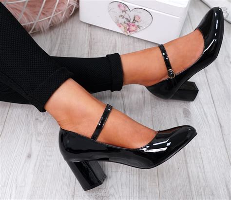 Womens Ladies Mary Jane Pumps Mid Block Heel Buckle Strap Patent Office Shoes Ebay