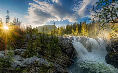 Waterfall Sunset River Forest Sky Nature Landscape Sun Rays Trees Mist
