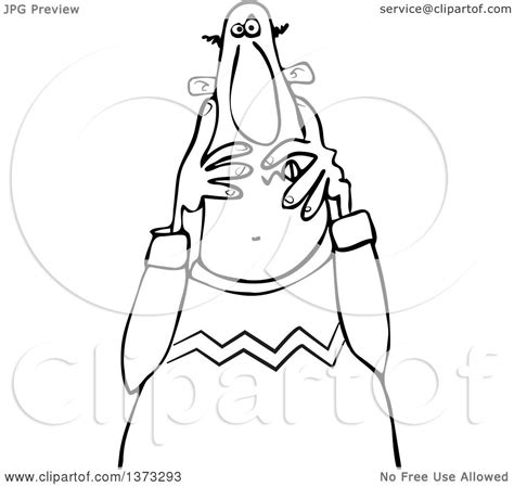 Clipart Of A Black And White Cartoon Scared Man Covering