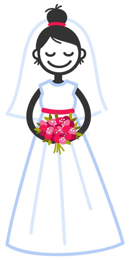 Vector Illustration Of Cute Stick Figure Happy Bride In Wedding Dress