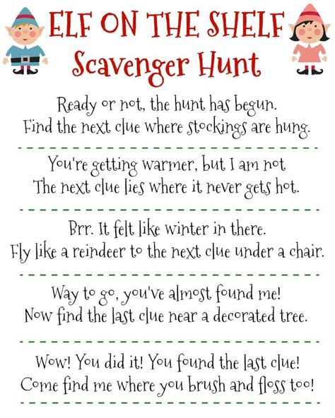 Elf On The Shelf Scavenger Hunt Clues Printable For Christmas Elf