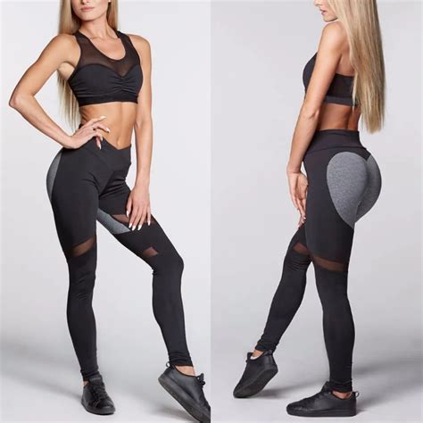 push up heart booty sexy yoga leggings women fitness mesh yoga pants contrast color patchwork