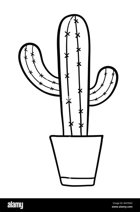 Vector Hand Drawn Illustration Of Cactus In Flowerpot Black Outlines