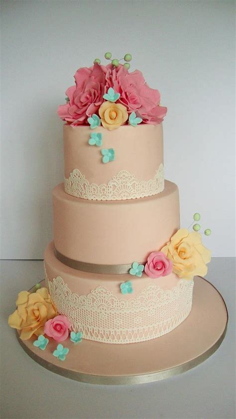 Peach Wedding Cake With Roses And Lace Decorated Cake Cakesdecor