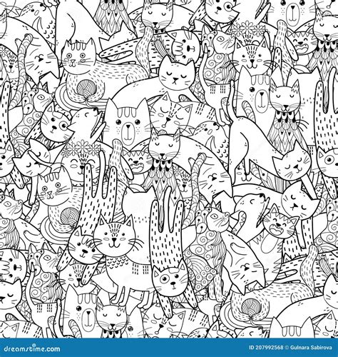 Funny Doodle Cats Black And White Seamless Pattern Coloring Page For