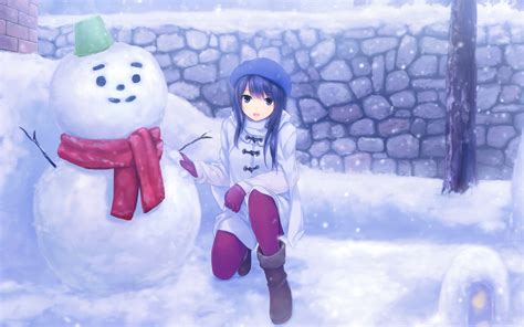 Wallpaper Anime Girl And Snowman Snowy 2880x1800 Hd Picture Image