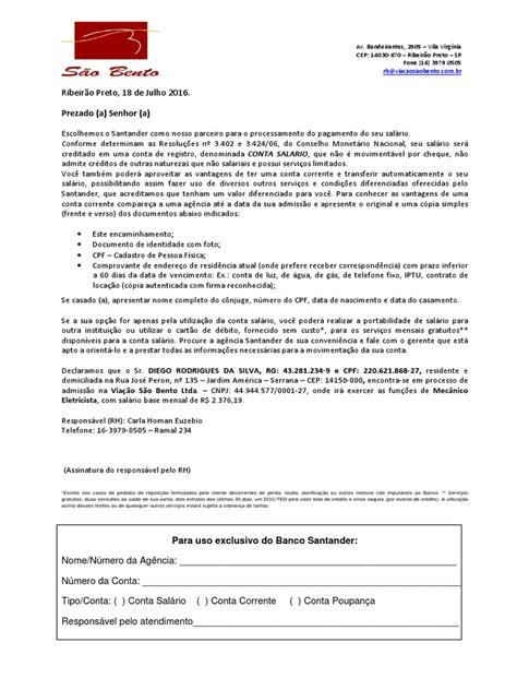 Carta Para Abertura De Conta Santander Pdf Conta De Transação