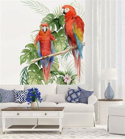 Mural Of Parrots Wallpaper Tropical Flowers Floral Etsy Canada