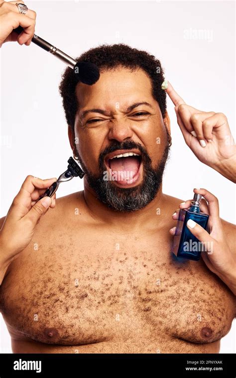 Many Hands Grooming Beard Man Hands Of Women With Makeup Brush Razor Cream And Perfume Bottle