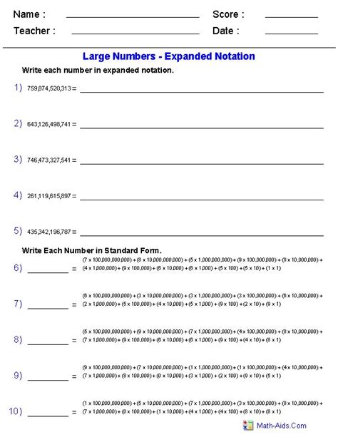 Writing Decimal Numbers In Expanded Notation Worksheet Fifth Grade